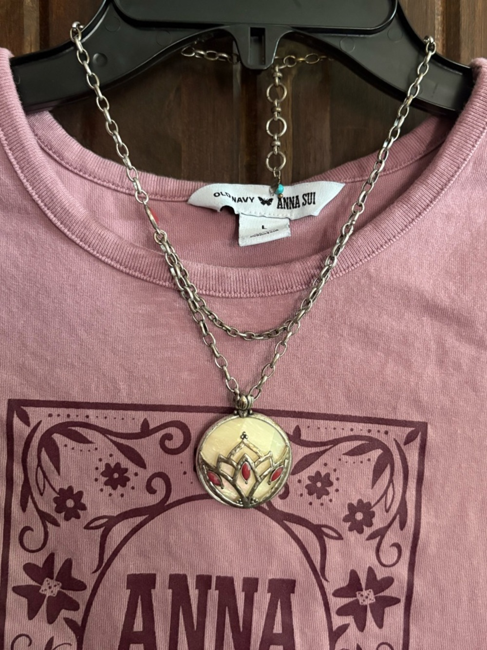 Lucky Brand Lotus Necklace with Opal look stone & burgundy petals - Picture 2 of 6